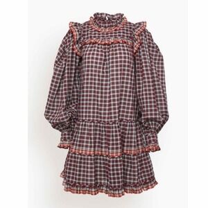 Ulla Johnson Elm Checkered Ruffle Long Sleeves Mini Dress Dusk Size US 4